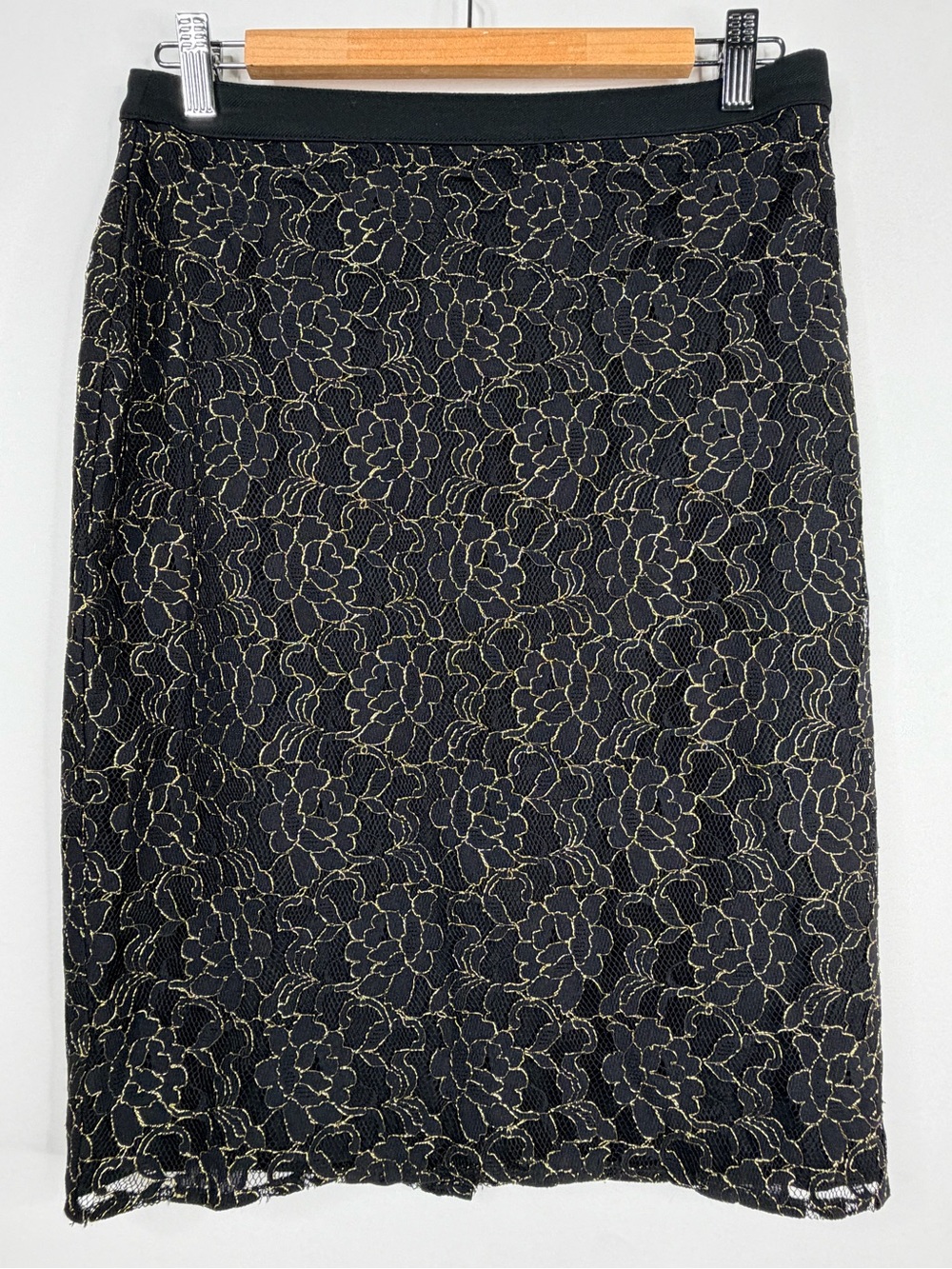 White House Black Market Black Pencil Skirt with Gold Lace Floral Overlay